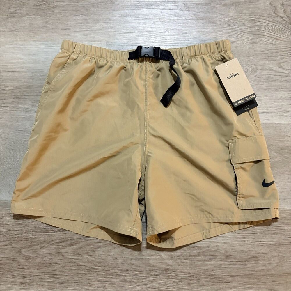 NEW Nike Mens Swim Cargo Volley Shorts Khaki Tan NESSF453-241. Size Medium
